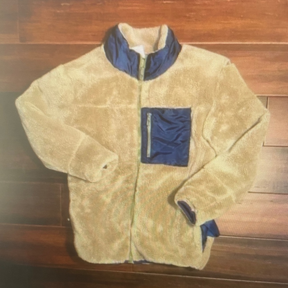 Cozy Beige Sherpa Jacket with Navy Trim